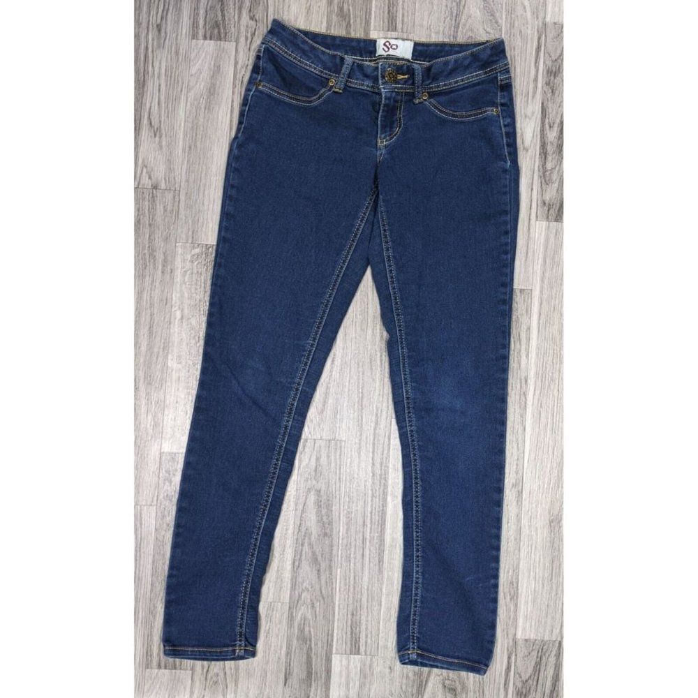 SO Size 5 Faux Front Pockets Bold Stitching Skinny Denim Blue Jeans